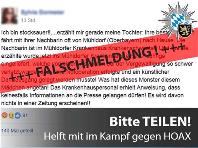 Die bayerische Polizei machte im Netz Anfang Januar 2017 auf Falschmeldungen aufmerksam. Quelle: Facebookseite Polizei Oberbayern Süd