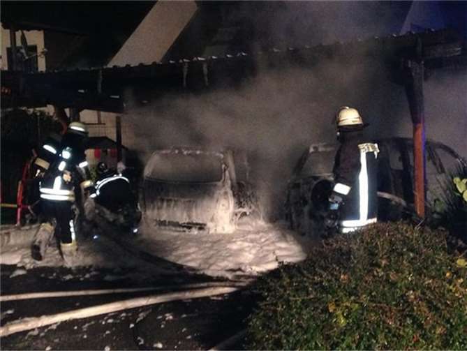 Die beiden PKW brannten völlig aus. Die Polizei vermutet Brandstiftung. Foto: Polizei Neuwied
