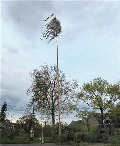 Die bunten Bänder an dem 25 Meter hohen Maibaum flattern bereits am 27. April lustig im Wind.