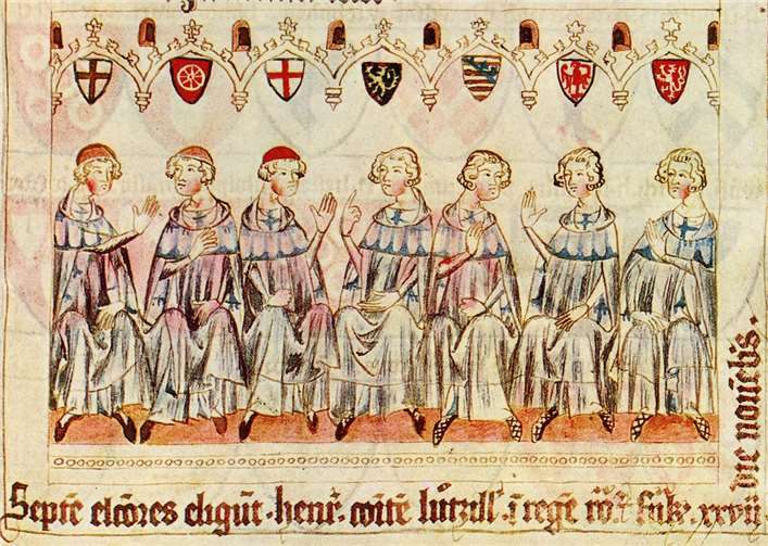 Die drei geistlichen und vier weltlichen Kurfürsten anlässlich der Wahl Heinrichs von Luxemburg zum römisch-deutschen König im Jahr 1308 – kolorierte Zeichnung, um 1340. Alexander Thon M.A., Lahnstein