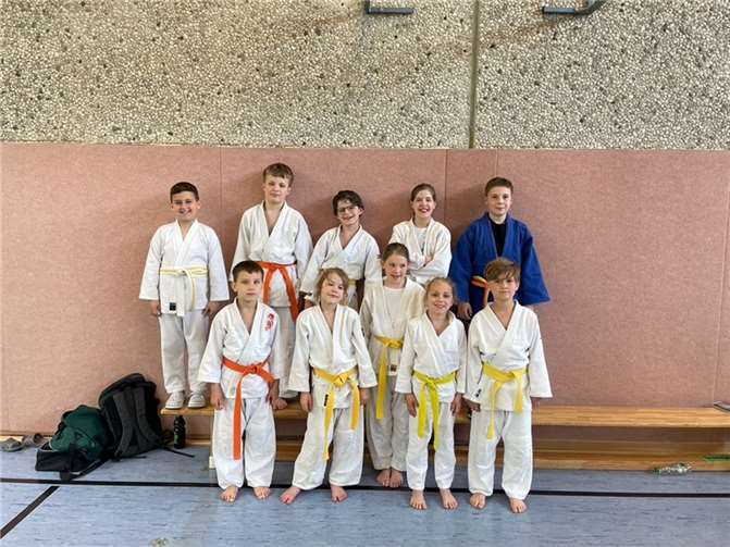 Die erfolgreichen Deichstadt-Athleten. Jeweils von links nach rechts in der hinteren Reihe: Noah Efetürk, Hendrik Steffes, Collin Kutscher, Ronja Rockenfeller, Elias Grundmann. In der vorderen Reihe: David Burduniuc, Erik Rockenfeller, Amalia Wittner, Milan Kocan, Emilian Domanski. Foto: privat