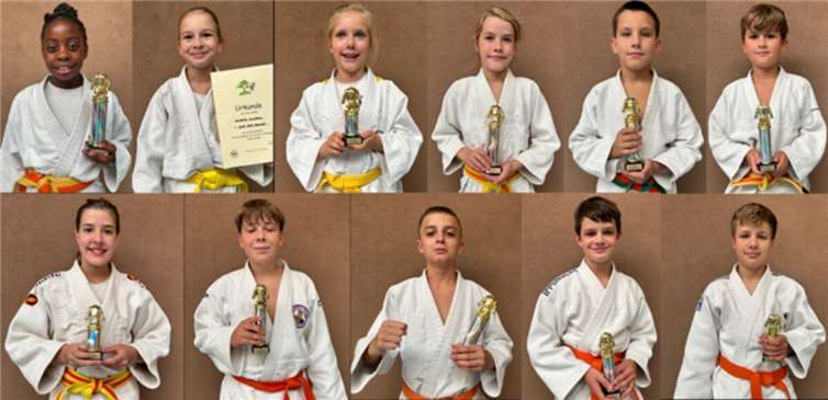 Die erfolgreichen Neuwieder Judoka. Oben: U11 von links nach rechts: Dalia Touembou, Anastasiia Hrankova, Ann-Sophie Lichtenberger, Erik Rockenfeller, David Burduniuc, Emilian Domanski. Unten: U14 von links nach rechts: Ronja Rockenfeller, Elias Grundmann, Marc Maslow, Collin Kutscher, Hendrik Steffes.  Foto: privat