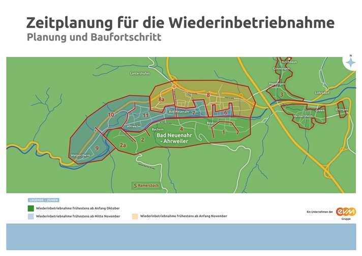 Gasversorgung im Flutgebiet: Bereiche südlich der Ahr gehen wieder vollständig ans Netz Die evm-Gruppe hat Bad Neuenahr-Ahrweiler in mehrere Sektoren eingeteilt, die nach und nach wieder in Betrieb genommen werden. Den aktuellen Stand zur Inbetriebnahme veröffentlicht das Unternehmen tagesaktuell unter enm.de/hochwasser. Foto: evm-Gruppe