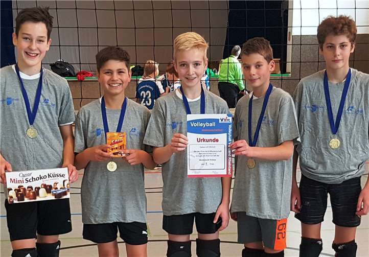 Die frischgebackenen Rheinlandmeister mit Verbands-Shirt und Goldmedaille (v. li.): Simon Trefflich, Max Ollenborger, Matthias Dennebaum, Finn Cieslack, Pablo Ferdinand. Foto: privat