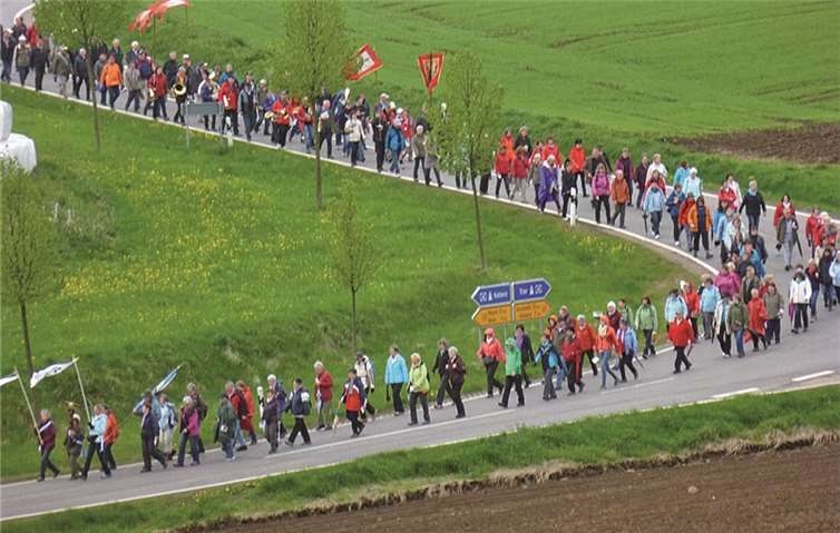 Die große Pilgergruppe kurz vor der Ankunft ihrer ersten Etappe am Ortseingang von Boos.Privat