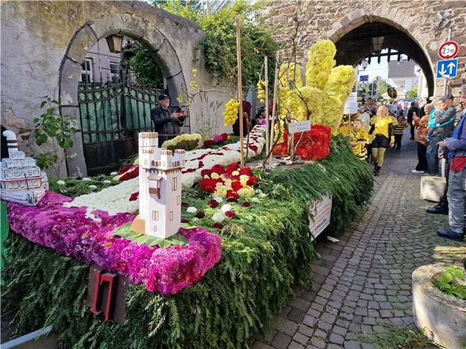 Die großen, traktorengezogenen Blumenwagen begeisterten hunderte Zuschauer in Erpels Gassen.
