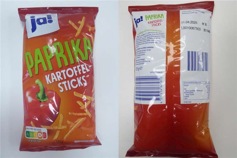 Die ja! Paprika Kartoffelsticks, 125 Gramm können möglicherweise Glasscherben enthalten.  Fotos: Snäcky Knabbergebäck GmbH / Lebensmittelwarnung.de