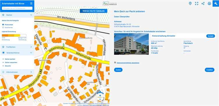 Die kostenfreie Solardachbörse bietet einen einfachen Austausch zwischen Pächtern und Verpächtern von Dachflächen und unterstützt damit den Ausbau von Photovoltaikanlagen im Kreis.  Quelle: Kreis Ahrweiler