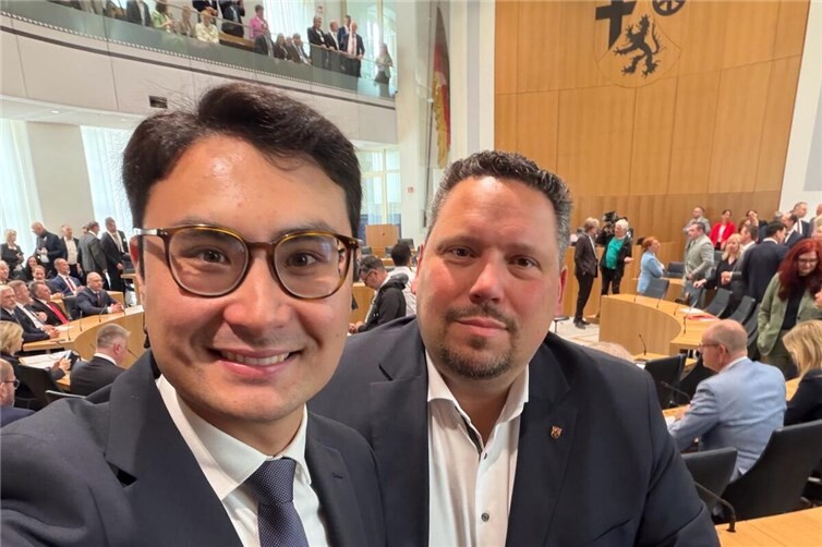 Die neuen CDU-Landtagsabgeordneten für Koblenz: Philip Rünz (Wahlkreis 9) und Andreas Birtel (Wahlkreis 8) vor der konstituierenden Sitzung des rheinland-pfälzischen Landtages am 18. Mai in Mainz.