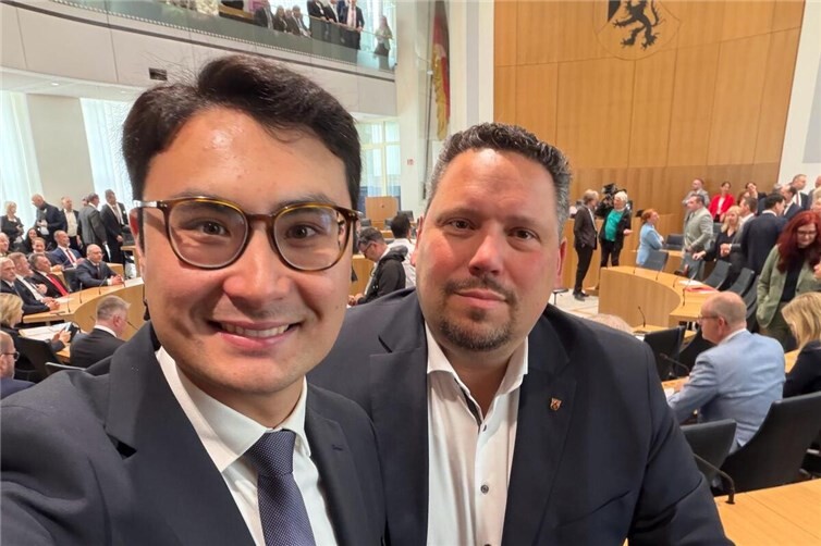 Die neuen CDU-Landtagsabgeordneten für Koblenz: Philip Rünz (Wahlkreis 9) und Andreas Birtel (Wahlkreis 8) vor der konstituierenden Sitzung des rheinland-pfälzischen Landtages am 18. Mai in Mainz.