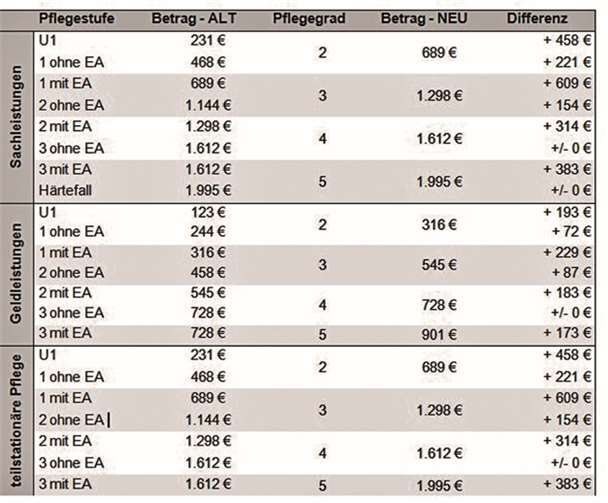 Die neuen monatlichen Höchstbeträge in der Übersicht (Hinweis: EA = Eingeschränkte Alltagskompetenz).
