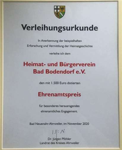 Die überreichte Urkunde. Foto: Heimat- und Bürgerverein Bad Bodendorf