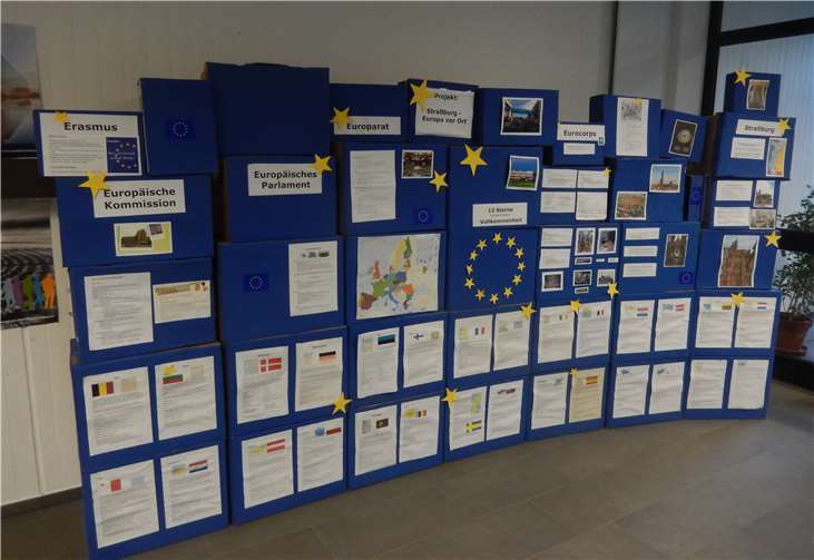 Die von Schülerinnen und Schülern gestaltete Wand informierte über die Institutionen der Europäischen Union und die Mitgliedsländer.