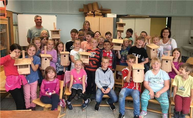 Die zehn selbst gebauten Nistkästen werden rund umdie Schule aufgehangen, um heimischen Vögeln einen Nistplatz zu bieten.privat