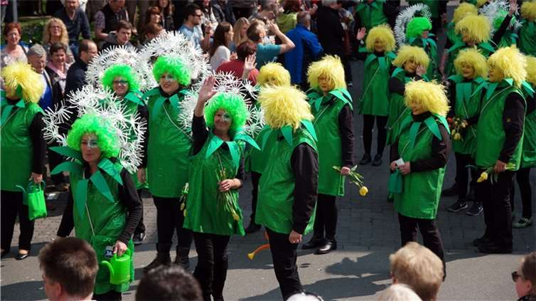 Diese Fußgruppe gehört zu den Gülser Husaren mit dem Motto „Die Pusteblume“. „Di...