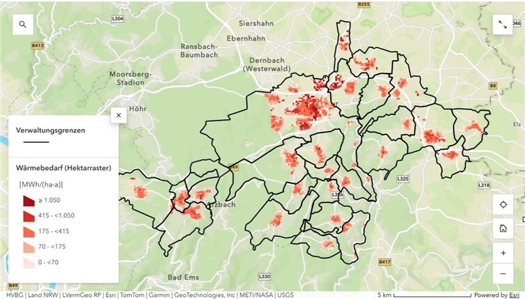 Diese Karte aus der Bestandanalyse in der Storymap zeigt den Wärmebedarf in den Wohngebieten auf. 