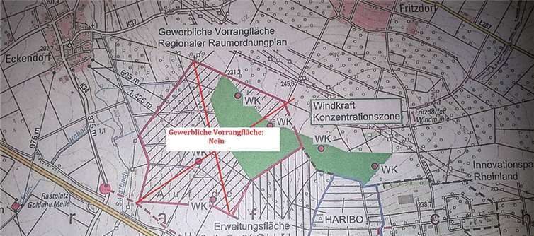Diese Karte veranschaulicht die aktuellen Gewerbeflächen sowie die vorgeschlagene Ausweitung dieser.SPD Grafschaft