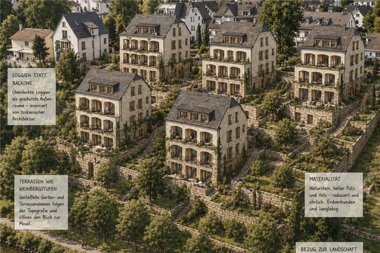 Diese alternative Architekturskizze zeigt, wie eine moderne regionaltypische Bauweise für die Moselregion aussehen könnte.