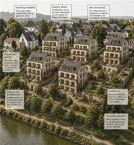 Diese alternative Architekturskizze zeigt, wie eine moderne regionaltypische Bauweise für die Moselregion aussehen könnte.