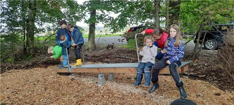 Durch das Engagement der Mitglieder des Fördervereins und der Baumstammspende von Familie Bernd Kreten kann Klein und Groß die neu aufgestellte Stehwippe und den Balancierbalken ausprobieren. Foto: privat