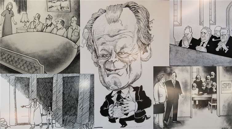 Ein Ausflug in die deutsche Nachkriegsgeschichte: Rund 90 Brandt-Karikaturen namhafter Karikaturisten sind noch bis Ende Oktober in der KSK-Filiale am Johannesplatz zu sehen.MKA