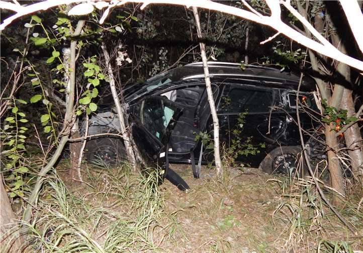 Ein Fahrzeug (Renault Clio) wurde in ein Gebüsch geschleudert. Foto: Polizei