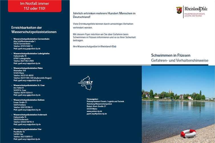 Ein Flyer soll vor den Gefahren beim Baden in Flüssen hinweisen. Quelle: Polizeipräsidium Einsatz, Logistik und Technik