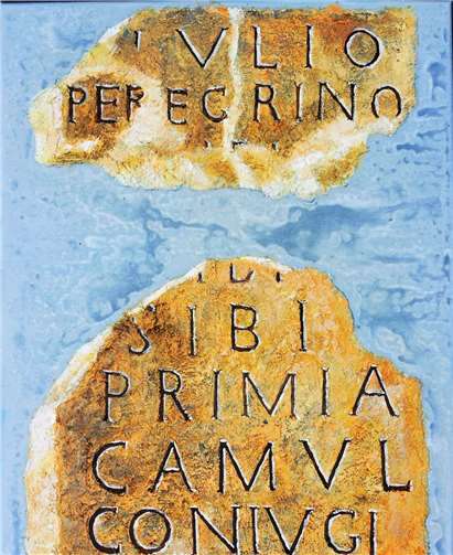 Ein Gemälde des Grabsteins des C. Iulius Peregrinus aus Dernau, gesetzt von seiner Ehefrau Primia Camul im 1. Jahrhundert n. Chr.. privat