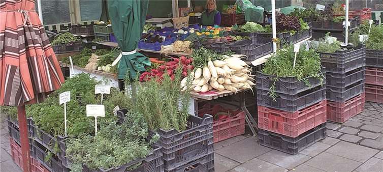 Ein Gemüsestand auf dem Wochenmarkt mit Produkten aus der Region. privat