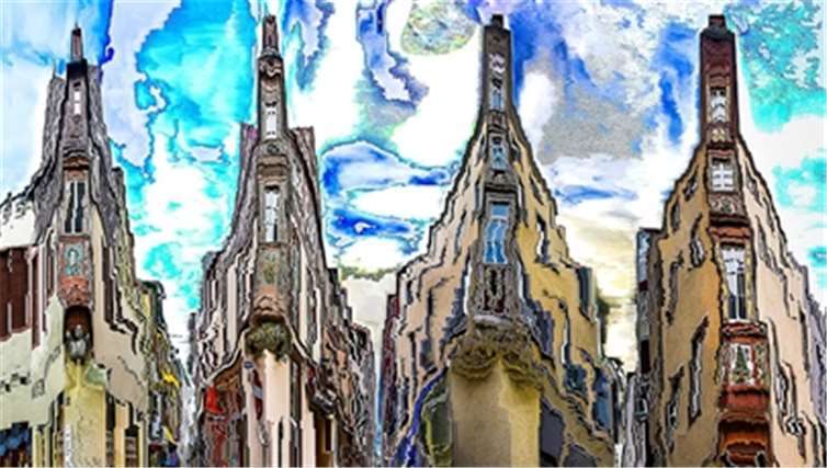 Ein Kalenderblatt zeigt das Bild „Reihenhaus“, auf dem die Künstler die Altstadt-Eckhäuser „Vier Türme“ sehr speziell inszeniert haben. Homepage KOvisionen