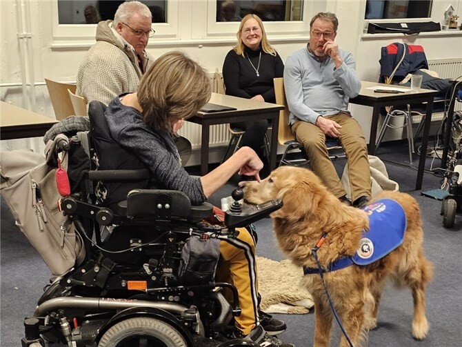 Ein Mensch-Hund-Team findet vor den anwesenden Gästen zusammen.