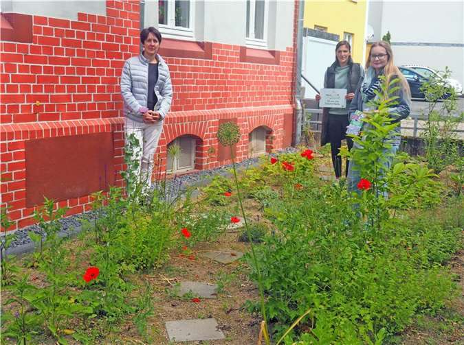 Ein Musterbeispiel aus dem Vorjahr: Claudia Braun (links) von der Stadtverwaltung Bendorf, Projektteilnehmerin Victoria Reuter (Mitte) und Lina Jaeger von der IUB im Vorgarten der Familie Reuter aus Bendorf, die diesen von einer Schotterwüste in ein Blumenbeet verwandelt hat.  Foto: Stadt Bendorf/ T. Artzdorf