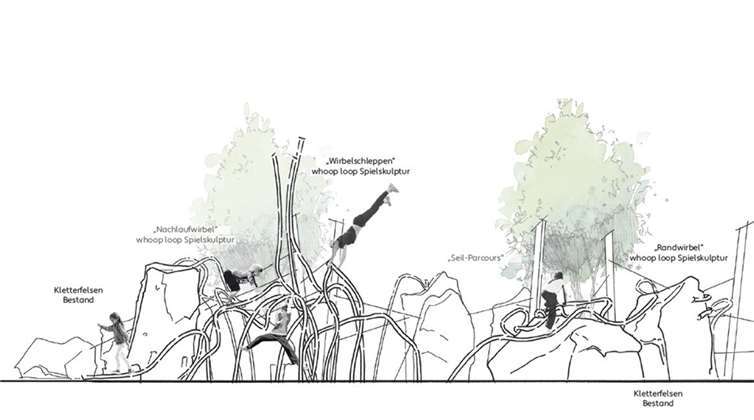 Ein Parcours aus geschwungenen Edelstahlrohren und Seilen entsteht auf der Nordseite des Kletterspielplatzes Bleidenberg. Die Arbeiten am Fundament der Felsen beginnen im Oktober.  Foto: Kukuk Freiflug