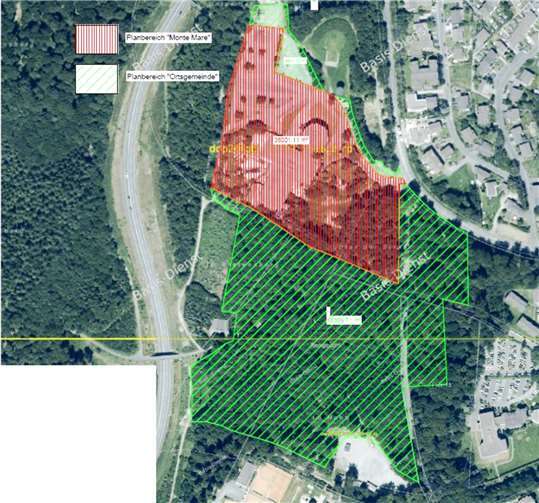 Ein Plan für die Ratsmitglieder zeigt die Planbereiche für die Gemeinde grün schraffiert und Monte Mare rot schraffiert auf. Foto: HEP