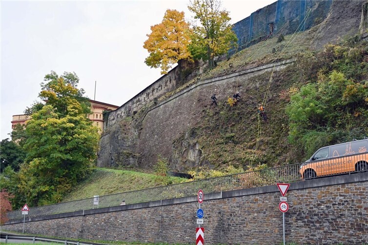 Ein Teil der Hangmauer von Fort Konstantin ist bereits freigelegt und weißt Schäden auf. Der unterhalb verlaufende Fuß- und Radweg bleibt deshalb wegen akuter Steinschlaggefahr voraussichtlich bis Ende des Jahres gesperrt. Foto: Stadt Koblenz/Verena Groß