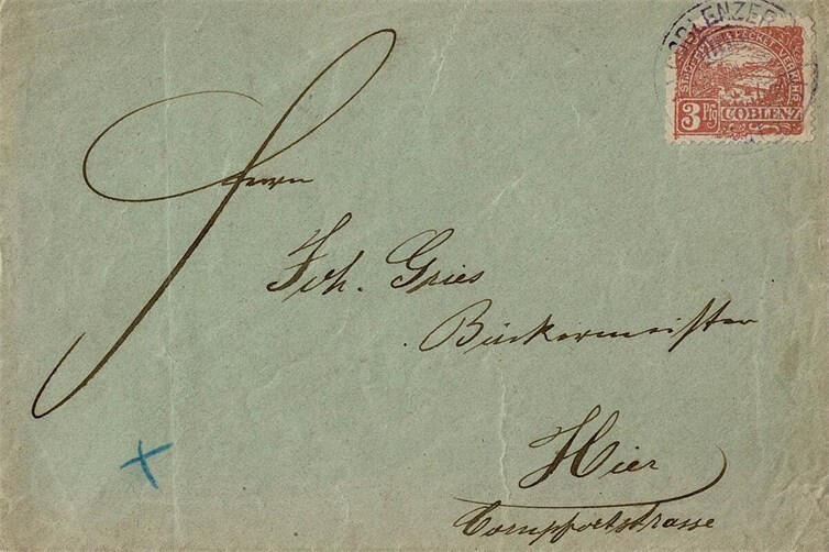 Ein besonderes Sammlerstück; Ortsbrief vom 13. Juni 1896 der privaten Coblenzer Stadtpost (1895-1900) an den Bäckermeister Joh. Gries in der Kornpfortstraße (7a).