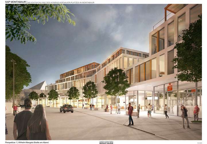 Ein erster Eindruck: So könnte das neue Gebäude am Konrad-Adenauer-Platz aussehen. Das Bild zeigt die Ansicht aufseiten der Wilhelm-Mangels-Straße mit Blickrichtung Steinweg. Hinten kann man schon den Giebel des künftigen Verbandsgemeindehauses erkennen. Architekten Graf + Graf