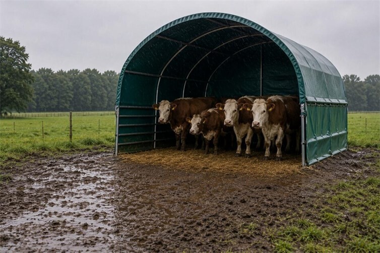 Ein mobiler Weideunterstand schützt die Tiere vor Niederschlag, Wind und Sonneneinstrahlung.