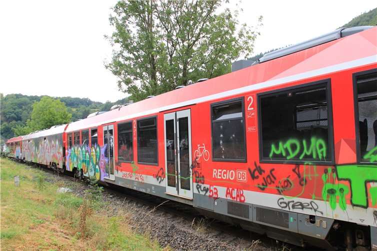 Ein nach der Flut „gestrandeter“ Zug dient illegalen Sprayern als Leinwand.