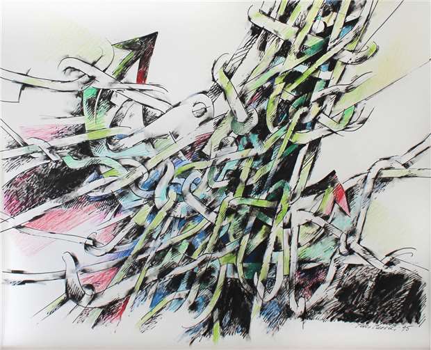 Ein rechtes Knäuel aus Haken und Seilen präsentiert der Künstler in dieser Zeichnung.