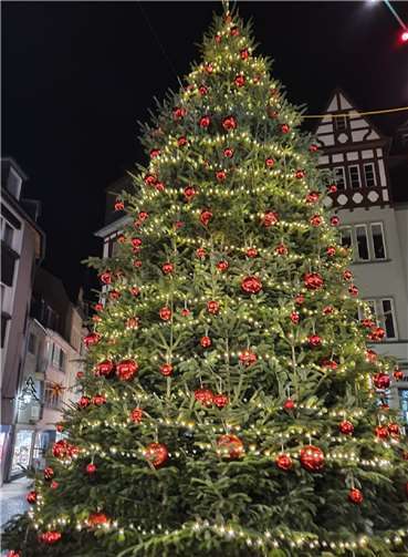 Ein riesiger leuchtender Weihnachtsbaum steht in der Mitte des Marktplatzes flankiert von zahlreichen Märchenhäuschen.
