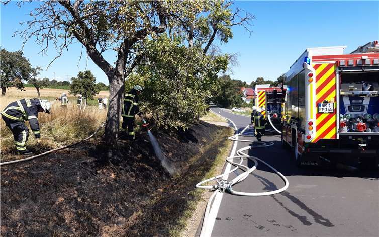 Eine Böschung in der Hauptstraße von Dernbach war aus noch ungeklärter Ursache in Brand geraten. Fotos: Feuerwehr VG Puderbach