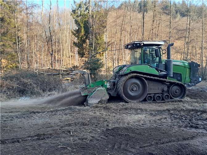 Eine Forstmulcherraupe beseitigte im Rahmen der Offenhaltung „unerwünschte“ Brombeeren und junge Gehölze.  Foto: Christian Heidtmann / Kreisverwaltung Altenkirchen
