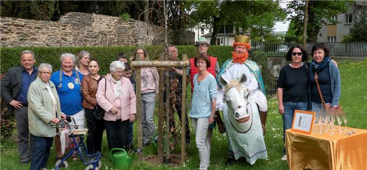 Eine Hängebuche wird künftig im Harbach-Park an Heinz Degen erinnern. Darüber freuten sich neben Mitgliedern der Familie Degen auch Vertreter des Bürgerforums, das die Aktion initiiert hatte. BL