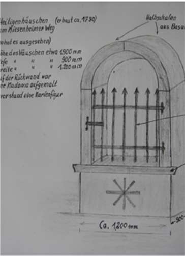 Eine Nachzeichnung von Heimatkundler Herbert Korb: Das ehemalige Heiligenhäuschen „Am alten Miesenheimer Weg“, erbaut um 1780 aus Basalt und Schirbensteinen. privat