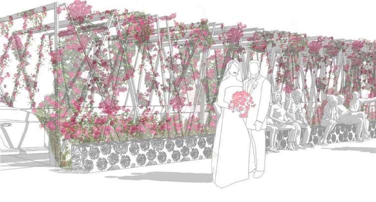Eine Rosenpergola soll künftig die Ausfahrt der Tiefgarage Nord überspannen und einen schönen Hintergrund für Hochzeitsfotos schaffen. Foto/Grafik: AO Landschaftsarchitekten)