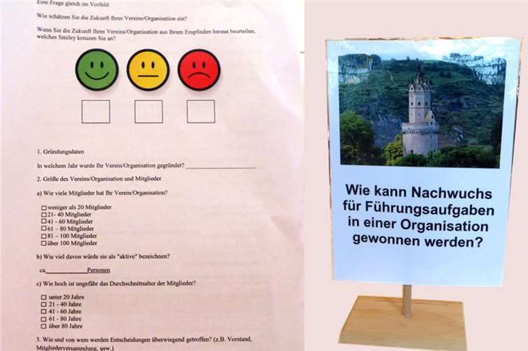 Eine Seite des an Vereine und Institutionen versandten Fragebogens sowie ein Beispiel für einen der Tischaufsteller, die die Themen der jeweiligen Gesprächskreise beschreiben.