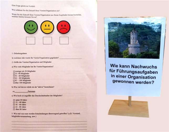 Eine Seite des an Vereine und Institutionen versandten Fragebogens sowie ein Beispiel für einen der Tischaufsteller, die die Themen der jeweiligen Gesprächskreise beschreiben.