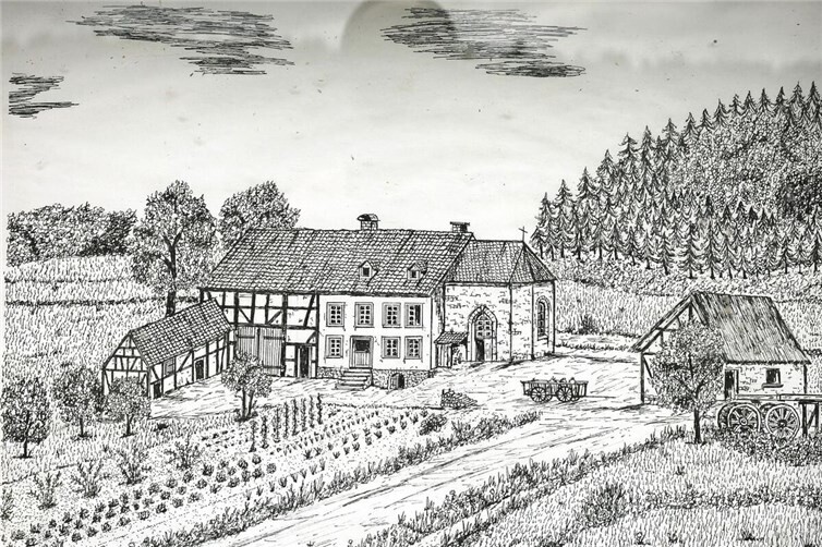 Eine Zeichnung des Adenauer Künstlers Wolfgang Pantenburg mit geschichtlichem Bezug zur Kapelle schmückt die Außenfassade 