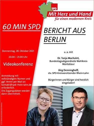 Einen Monat nach der Wahl möchte die SPD Rhein-Lahn die Bürgerinnen und Bürger zum Austausch über die Lage im politischen Berlin, den Stand der Koalitionsverhandlungen und zum Kennenlernen der neuen Abgeordneten einladen.Foto: SPD Rhein-Lahn